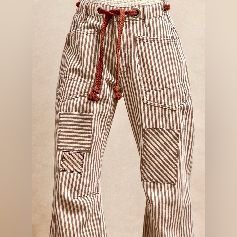 🤎 Hello Gorgeous!! BiBi Drawstring Striped Twill Barrel Pants- Mocha Brown - Picture 2 of 9